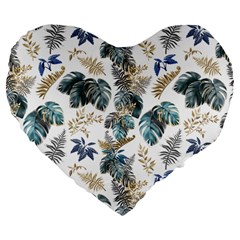 Blue Metallic Leaves Pattern Large 19  Premium Flano Heart Shape Cushions by designsbymallika