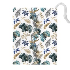 Blue Metallic Leaves Pattern Drawstring Pouch (5xl) by designsbymallika