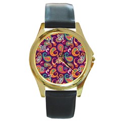 Paisley Purple Round Gold Metal Watch by designsbymallika