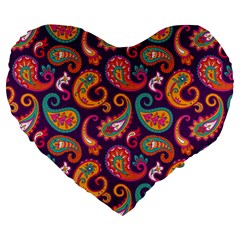 Paisley Purple Large 19  Premium Heart Shape Cushions by designsbymallika