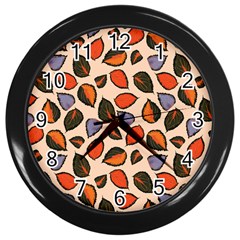 Orange Blue Leaves Pattern Wall Clock (black) by designsbymallika