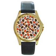 Orange Blue Leaves Pattern Round Gold Metal Watch by designsbymallika