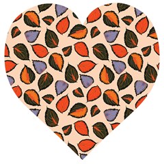 Orange Blue Leaves Pattern Wooden Puzzle Heart by designsbymallika