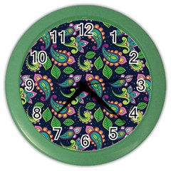 Paisley Green Print Color Wall Clock by designsbymallika