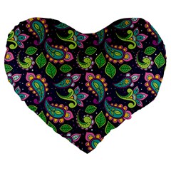 Paisley Green Print Large 19  Premium Flano Heart Shape Cushions by designsbymallika