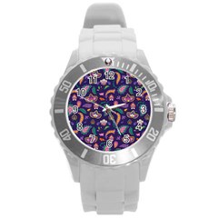 Paisley Print 2 Round Plastic Sport Watch (l) by designsbymallika