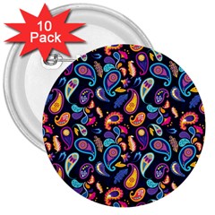 Paisley Baatik Purple Print 3  Buttons (10 Pack)  by designsbymallika