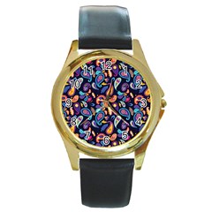 Paisley Baatik Purple Print Round Gold Metal Watch by designsbymallika