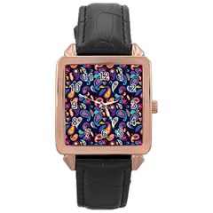 Paisley Baatik Purple Print Rose Gold Leather Watch  by designsbymallika