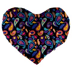 Paisley Baatik Purple Print Large 19  Premium Flano Heart Shape Cushions by designsbymallika