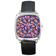 Blue Paisley Print 2 Square Metal Watch by designsbymallika