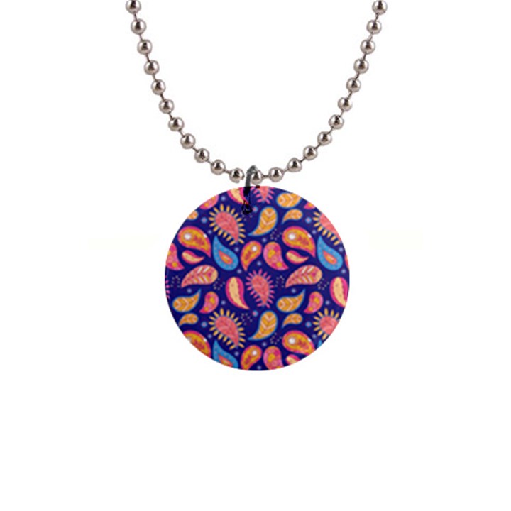 Blue Paisley Print 2 1  Button Necklace