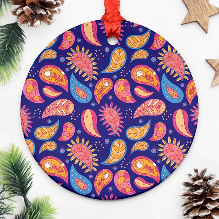 Blue Paisley Print 2 Round Ornament (Two Sides)