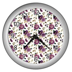 Pretty Dark Magenta Flowers Wall Clock (Silver)