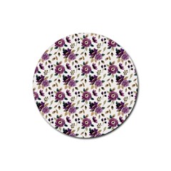 Pretty Dark Magenta Flowers Rubber Round Coaster (4 Pack)  by designsbymallika