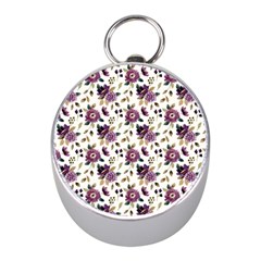 Pretty Dark Magenta Flowers Mini Silver Compasses by designsbymallika