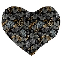 Metallic Leaves Pattern Large 19  Premium Flano Heart Shape Cushions by designsbymallika