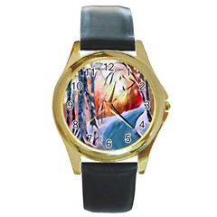 Paysage D hiver Round Gold Metal Watch by sfbijiart