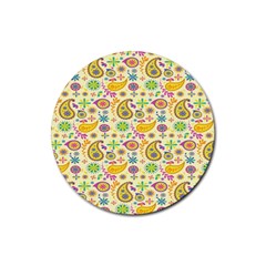 Paisley Print Yellow Rubber Round Coaster (4 Pack)  by designsbymallika