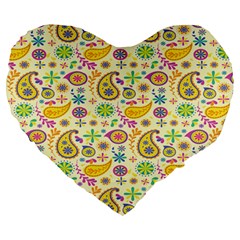 Paisley Print Yellow Large 19  Premium Heart Shape Cushions by designsbymallika