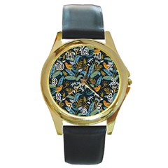 Tropical Bird Pattern Round Gold Metal Watch by designsbymallika