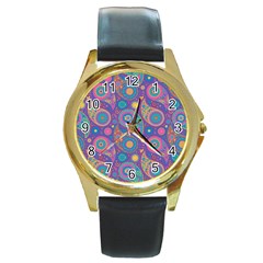 Baatik Purple Print Round Gold Metal Watch by designsbymallika