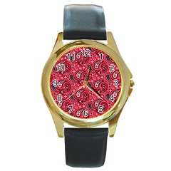 Baatik Red Pattern Round Gold Metal Watch by designsbymallika