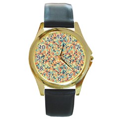 Mosaic Print 2 Round Gold Metal Watch by designsbymallika