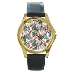 Tropical Leaves Pattern Round Gold Metal Watch by designsbymallika