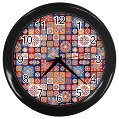 Mandala Pattern Blue Color Wall Clock (black) by designsbymallika