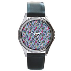 Blue Paisley Print Round Metal Watch by designsbymallika