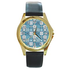 Ceramic Tile Pattern Round Gold Metal Watch by designsbymallika