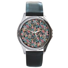 Pink Blue Metallic Pattern Round Metal Watch