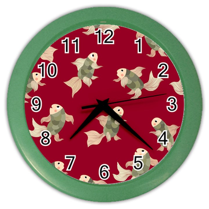 Bright decorative seamless  pattern with  fairy fish on the red background. Color Wall Clock