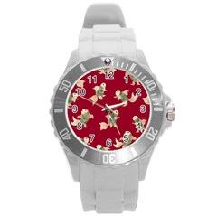 Bright Decorative Seamless  Pattern With  Fairy Fish On The Red Background  Round Plastic Sport Watch (l) by EvgeniiaBychkova