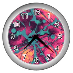 Pink And Turquoise Alcohol Ink Wall Clock (silver) by Dazzleway