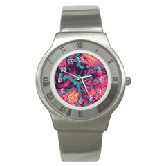 Pink And Turquoise Alcohol Ink Stainless Steel Watch by Dazzleway