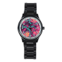 Pink And Turquoise Alcohol Ink Stainless Steel Round Watch by Dazzleway