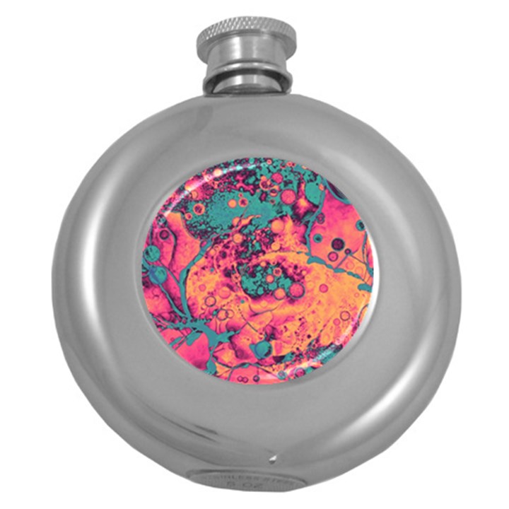 Orange and turquoise alcohol ink  Round Hip Flask (5 oz)