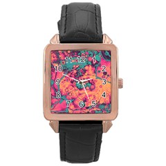 Orange And Turquoise Alcohol Ink  Rose Gold Leather Watch  by Dazzleway