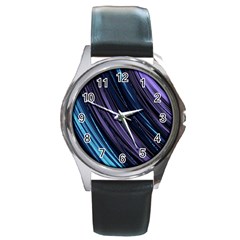 Blue And Purple Stripes Round Metal Watch by Dazzleway