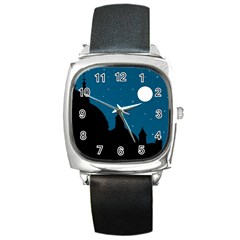 Silhouette Night Scene Cityscape Illustration Square Metal Watch by dflcprintsclothing