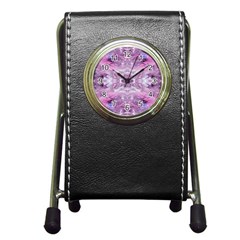 Pink Grey Repeats Pen Holder Desk Clock by kaleidomarblingart