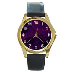 Red And Purple Abstract Round Gold Metal Watch by Dazzleway