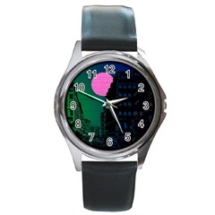 Vaporwave Old Moon Over Nyc Round Metal Watch by WetdryvacsLair