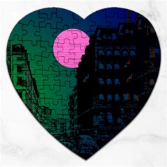 Vaporwave Old Moon Over Nyc Jigsaw Puzzle (heart) by WetdryvacsLair