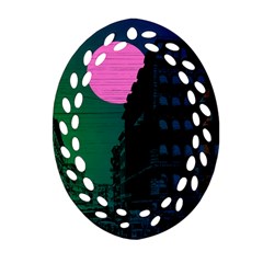 Vaporwave Old Moon Over Nyc Ornament (oval Filigree) by WetdryvacsLair