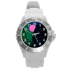 Vaporwave Old Moon Over Nyc Round Plastic Sport Watch (l) by WetdryvacsLair