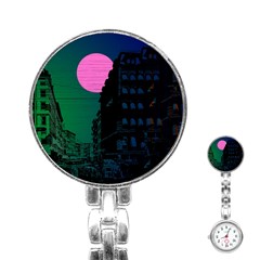 Vaporwave Old Moon Over Nyc Stainless Steel Nurses Watch by WetdryvacsLair