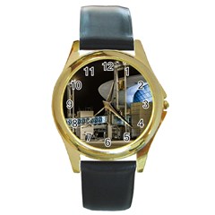 Montevideo Airport Night Scene, Uruguay Round Gold Metal Watch by dflcprintsclothing